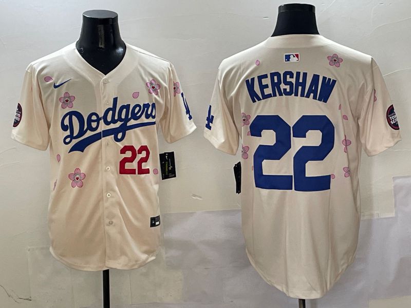 Men Los Angeles Dodgers 22 Kershaw Cream White Blue Sakura Edition 2025 Nike MLB Jersey style 1